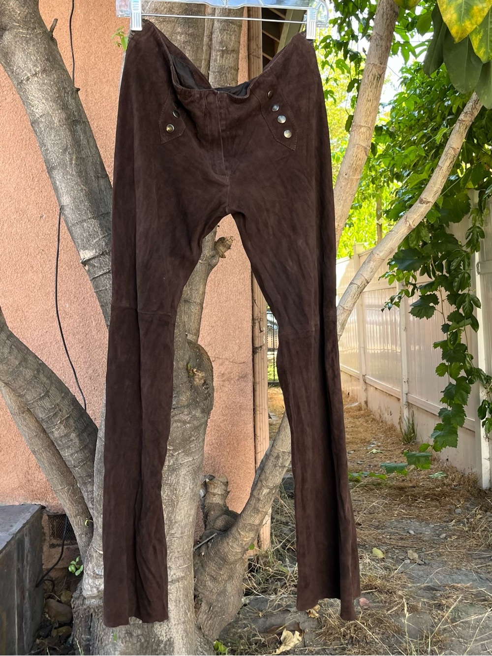 Vintage Italian Genuine Suede Leather Sailor Button Brown Flare Pants.